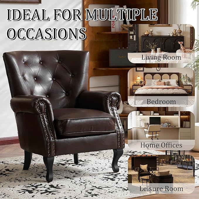 Modern Accent Chair Mid-Century Faux Leather Armchair with Solid Wood Legs Single Sofa Club Chair for Living Room Bedroom Leisure Room Reading Room(Caramel)