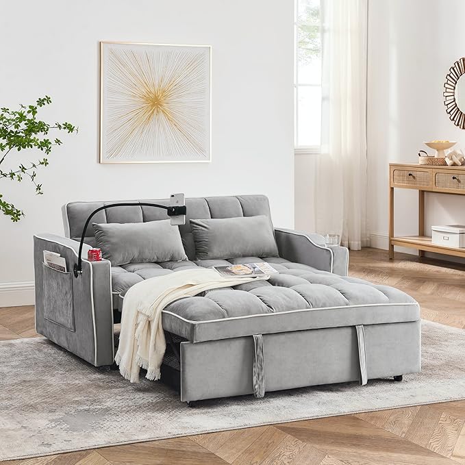 LUMISOL 55.5 Convertible Sleeper Sofa with Pull Out Bed 3-in-1 Loveseat Sofa with USB Ports 2 Cup Holders &amp Storage Pockets Velvet Sleeper Sofa Bed with Adjustable Backrest Grey