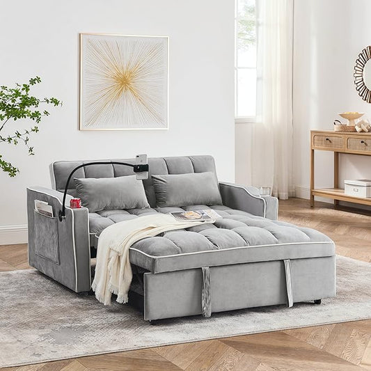 LUMISOL 55.5 Convertible Sleeper Sofa with Pull Out Bed 3-in-1 Loveseat Sofa with USB Ports 2 Cup Holders &amp Storage Pockets Velvet Sleeper Sofa Bed with Adjustable Backrest Grey