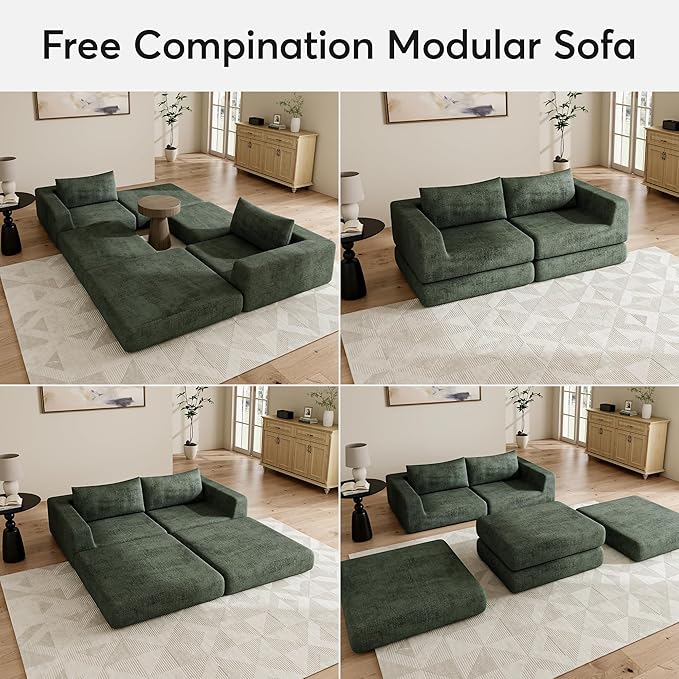 Cloud Boneless Modular Sectional Sofa 95.5 Modern Chenille Couch for Living Room Convertible L-Shaped Sleeper Sofa Bed with Ottoman Deep Seat Cloud Couch Sectional No Assembly Required Green