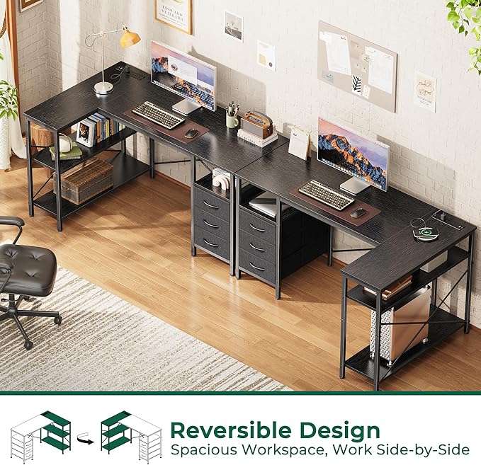 Huuger L Shaped Office Desk with Power Outlets 47 Inch Computer Desk with 3 Drawers Shelves for Gaming Corner Work Home Office Study Black