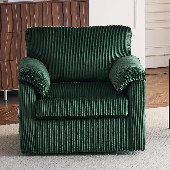 Oversized Swivel Chair 33 Corduroy Swivel Armchair Accent Chair for Living Room Mid Century Modern Comfy Thick Padded Arm Chairs Emerald Green