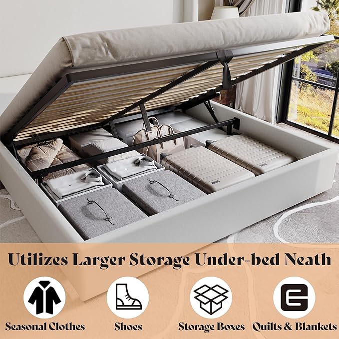 AMERLIFE Lift Up Storage Bed Queen Size Linen Upholstered Platform Bed Frame Hydraulic Storage No Box Spring Needed White