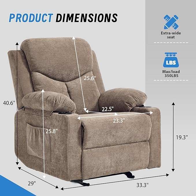 Manual Rocker Recliner Chair for Adults with Vibration MassageGlider Rocking Recliner Chairs for Living Room Bedroom Overstuffed Reclining Sofa Chair with Pockets and Cup Holds (Coffee)