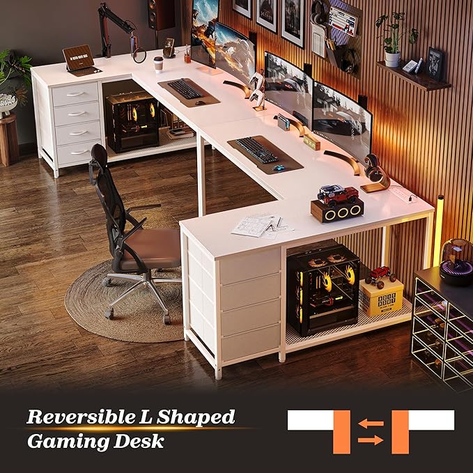 PRAISUN 53 L Shaped Desk with Power Outlets and USB-C Port Reversible Computer Corner Office Desk with 4 Fabric Drawers and 2 Height-Adjustable Shelves Large for Gaming Writing Work Study White