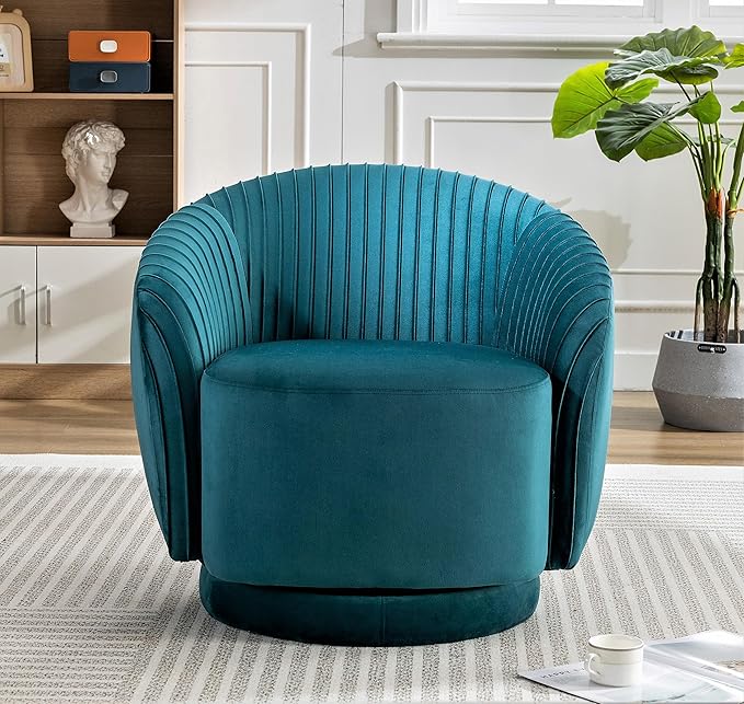 Modern Barrel Swivel Chair with Plush Velvet Upholstery and Smooth 360° Rotation Round Accent One-Seater Sofa for Living Room Bedroom and Office Greenish Blue
