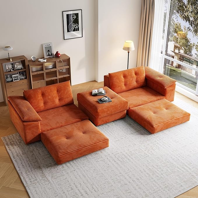 109.5 Loveseat Sofa with Ottoman Corduroy L Shape 3 Seater Couch Modular Sectional Couch for Living Room Small Spaces Apartment No Assembly Required Orange
