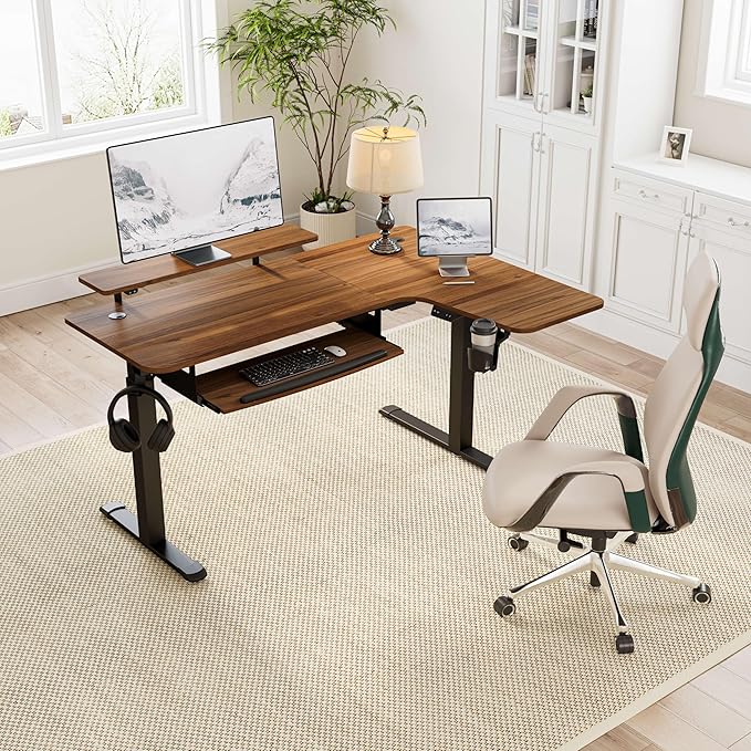 EUREKA ERGONOMIC Standing Desk Electric Adjustable Height (61x43) Computer Desk with Keyboard Tray Sit Stand Desk L Shaped Desk for Work/Home OfficeDual MotorMemory Presets2 USB/RGBWalnut/Right