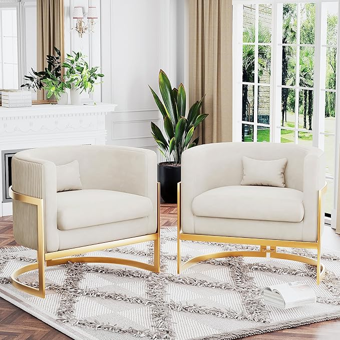Velvet Accent Chair Modern Barrel Chair with Gold Legs Upholstered Armchair for Bedroom Living Room Sofa Chair Club Side Chairs Ivory