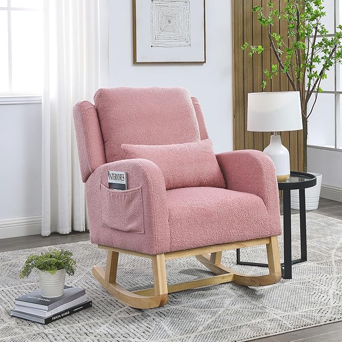 Nursery Rocking Chair Glider Chair with Side Pockets and Pillow Upholstered Side Chair with Rubber Wood Legs Comfy Accent Arm Chair for Bedroom Living Room (Pink Teddy)