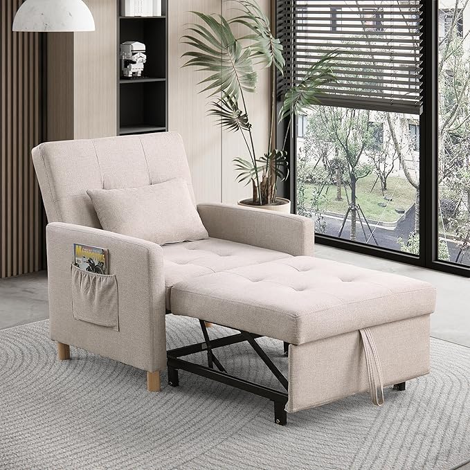 Sleeper Chair Bed Convertible Chair Bed Sleeper Pull Out Sofa Bed with Adjustable Backrest Linen Fabric Convertible Chair to Bed with Side Pocket for Living Room Apartment-Beige