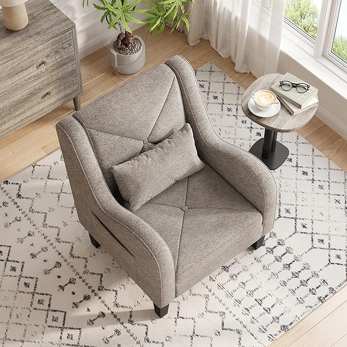 Maupvit Chenille Accent Chair for Living Room Bedroom Chair Comfy Reading Chair Upholstered Arm Chair Single Sofa Chair with Lumbar Pillow Mid Century Modern Chair for Small Spaces Grey