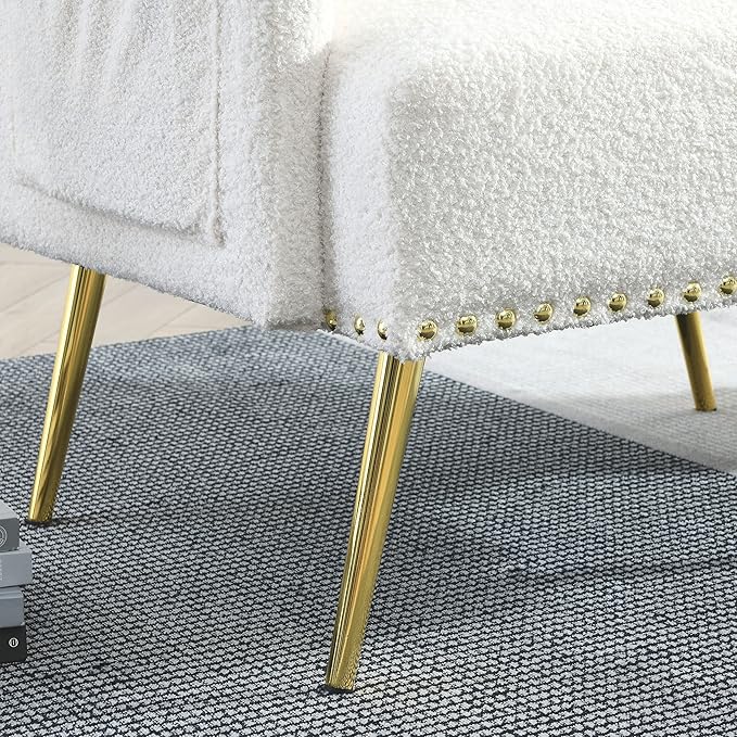 30 W Modern Chesterfield Tufted Upholstered Chair with Deep Buttons Living Room Chair Comfortable Armchair Gold Hardware Legs Tufted Chair for Reading or Relaxing White Teddy