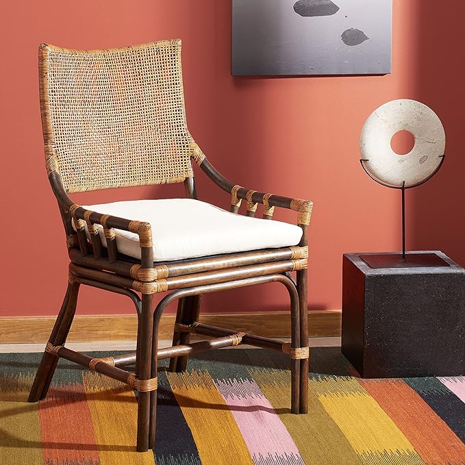 SAFAVIEH Home Collection Donatella Natural Wash/White Cushion Living Room Dining Room Bedroom Office Foyer Rattan Chair