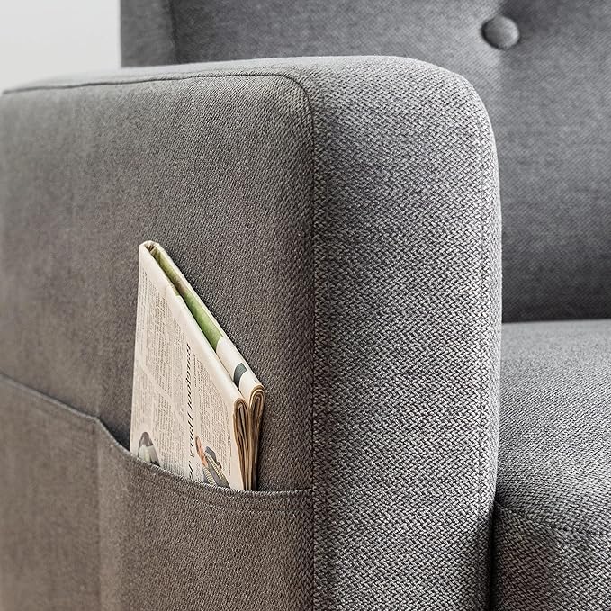 Mellow Adair Mid-Century Modern Sofa Couch with Armrest Pockets Tufted Linen Fabric Dark Heather Grey