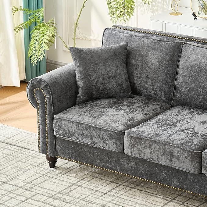 86.5 Chenille Sofa Couch 3-Seater | Modern Chesterfield Sofa with Traditional Rolled Arms Nailhead Trim &amp Solid Wood Frame | Living Room Upholstered Couch | Grey