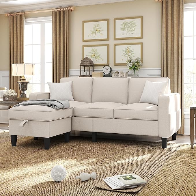 ZeeFu Couch for Living Room - 78'' Beige Linen 3 Seat L-Shaped Sectional Sofa Couches with Storage Ottoman - Modern Small Space Upholstered Furniture Sofa Set for Office Small Space Apartment