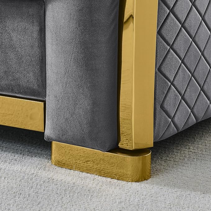 81.1 Velvet Sofa Couch for Living Room Chesterfield Sofa Couch 3 Seater Button Sofa with Stainless Steel Gold Plating Decoration with 2 Pillows Grey &amp Gold