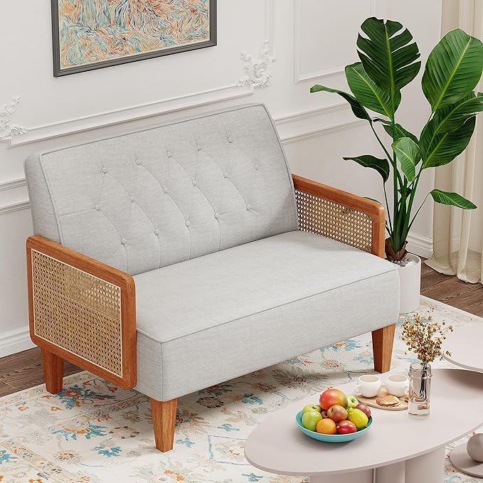 Love Seat Settee Mini Couch Upholstered Sofa with Natural Rattan Armrest Backrest Button Tufted Buckle Couch Banquette Bench Loveseat for Dining Living Room Bedroom Light Grey