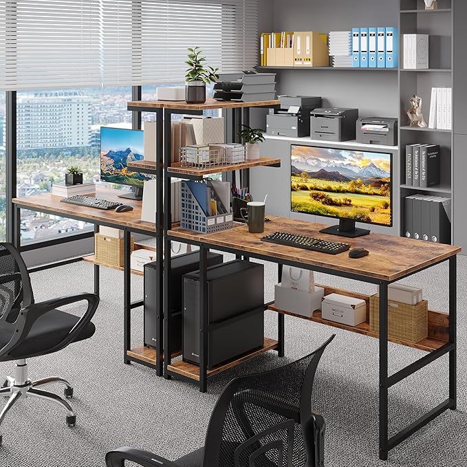 L-Shaped Computer Desk with 4-Tier Storage Shelves 43 inch Writing Desk with Bookshelf for Home Office Reversible Corner Gaming Desk for Bedroom Brown (Brown)