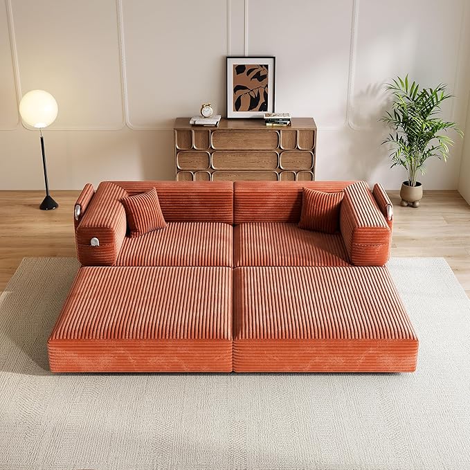 78 Compressed Convertible Sofa Bed Modular Corduroy Loveseat Sleeper with Fixed-Shape Frame Folding Mattress Couch with 2 Pillows for Living Room Bedroom Small Spaces No Assembly Needed Orange