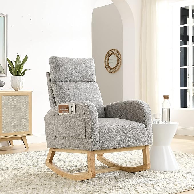 Modern Accent High Backrest Rocking Chair 27.6 W with Two Side Pockets for Storage Ideal for Living Room