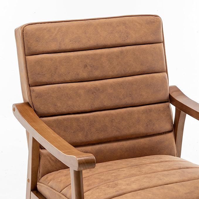 Unique Mid Century Modern Accent Chair with Open-Framed Armchair Design Plush Foam Cushioning and Leather-Look Microfiber Seat and Back Cushions Brown