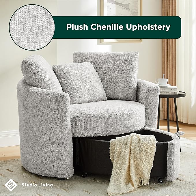 Studio Living® Beckett 48 Storage Chair Modern Farmhouse Pocket Coil Comfort Easy Assembly Chenille Fabric Ivory