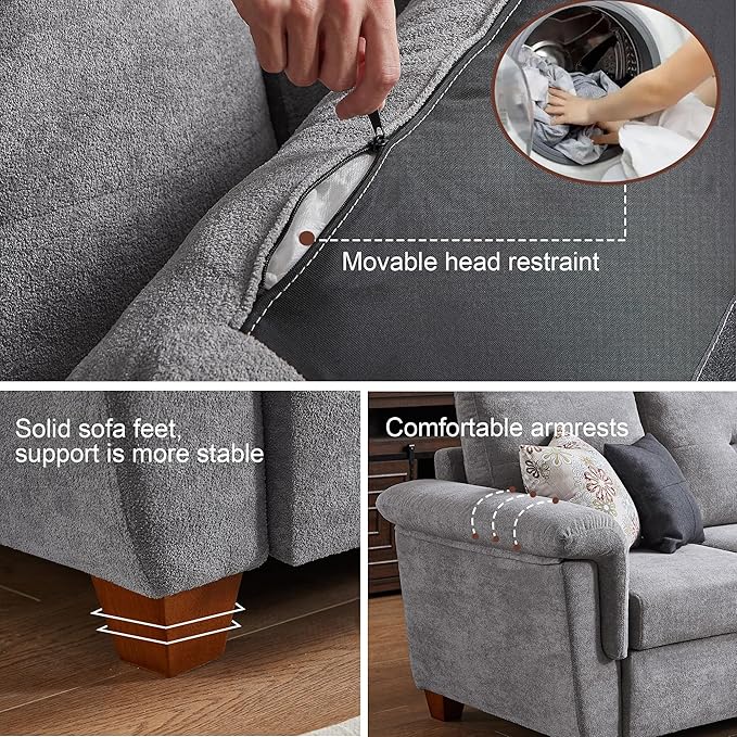 109 Convertible Sectional Sofa Modern Microfibe L Shaped Couch with Storage Chaise and Cup Holder 4 Seat Sofa Couches with Extra Headrests for Living Room Apartment Light Grey