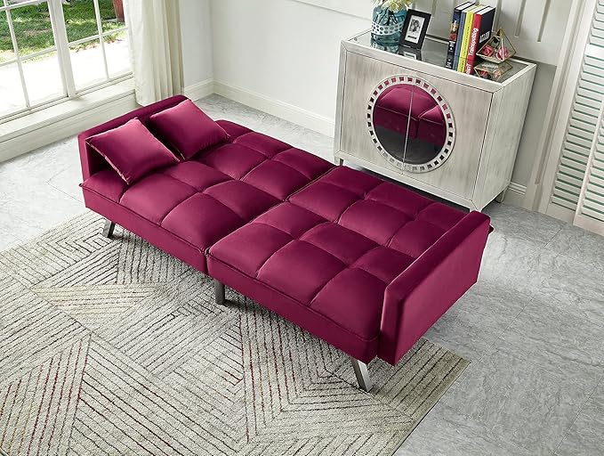 Legend Vansen 80'' Velvet Love seat Convertible Futon Two Pillows Sleeper Couch with 3 Adjustable Backrests Sofa Bed Large Sleeping Area Sofabed Red