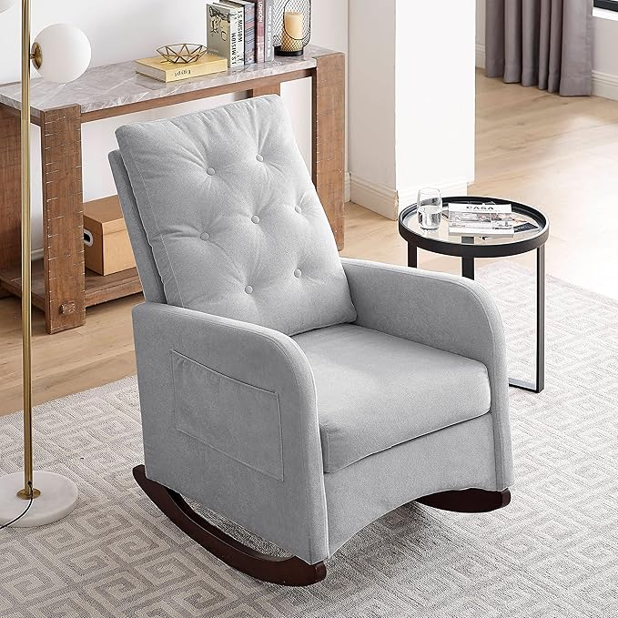 25.6 W Modern Accent High Backrest Living Room Lounge Arm Rocking Chair Two Side Pocket