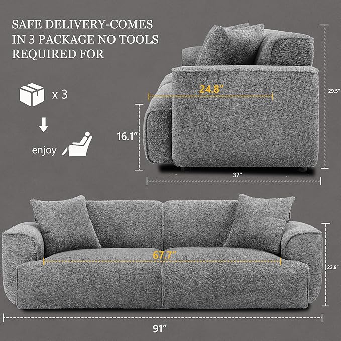 Modern 91'' Wide Cloud Couch Sofa Love Seat Couches W/Solid Frame Friendly Couch W/Boucle Couch Cozy Fabric with 2 Pillow &amp Rectangular Arm for Apartment Grey