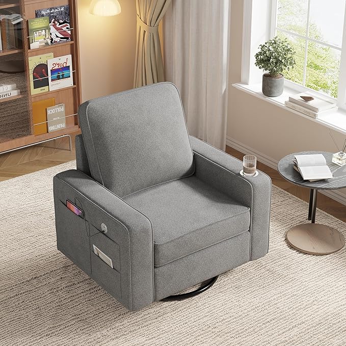 Swivel Square Accent Chair with Wide Armrests360° Rotating Comfy Single Sofa Chairs with USB/Type-CCup Holder &amp Side PocketModern Armchair for Living Room Bedroom Reading Lounge NookLight Grey