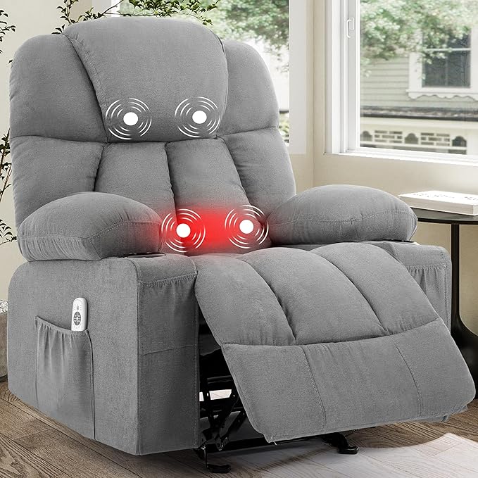 Massage Rocker Recliner Chair Ergonomic Rocking Recliner Sofa with Vibration Massage &amp Heat Reclining Fabric Nursery Chair for Living Room Lounge with 4 Pockets 2 Cup Holders Grey