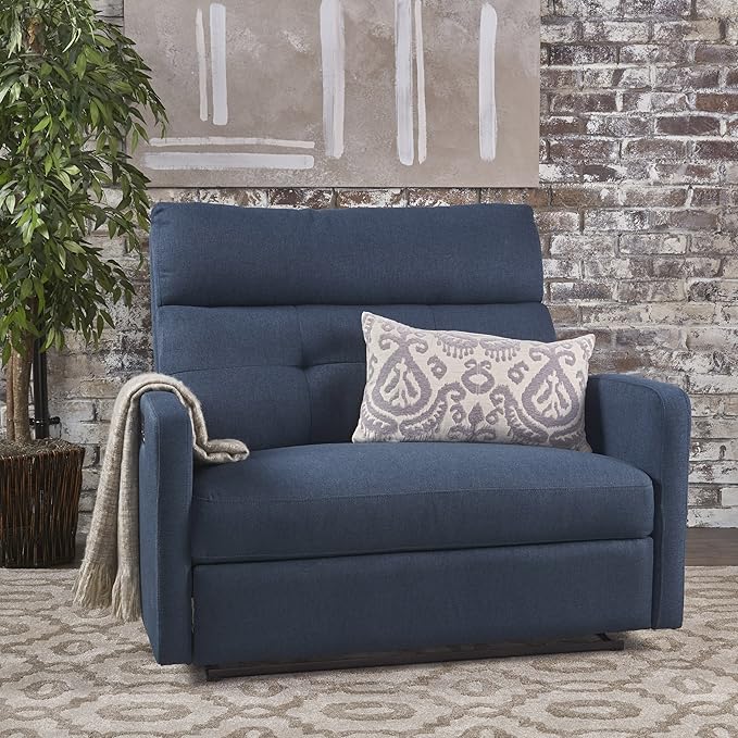 Mid-Century Fabric Double Seats Rocker Recliner Chair Adjustable Single Recliner Sofa with Thicker Seat Cushion with Pocket for Living Room Bedroom Apartment (Navy Blue)