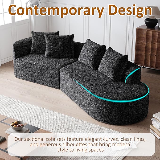 112 Modern Cloud Sectional Sofa Chenille 4-Seater Curved Couch with 4 Pillows Extra Deep &amp Wide Seat No-Assembly Compressed Upholstered Living Room Sofa for BedroomApartmentBlack Left
