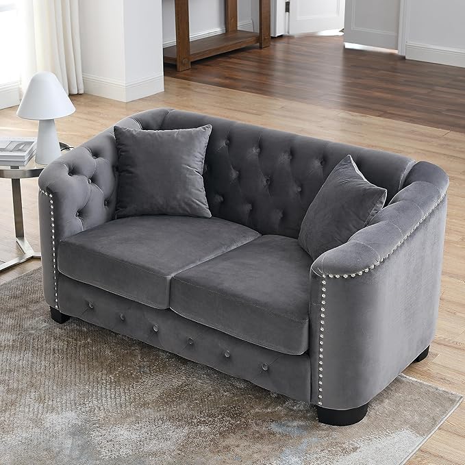 KEIKI 77+59 Chesterfield Sofa 3+2 Seater Velvet Couch with Nailhead Arms Tufted Backrests 4 Cushions for Living Room Bedroom Office Apartment Gray