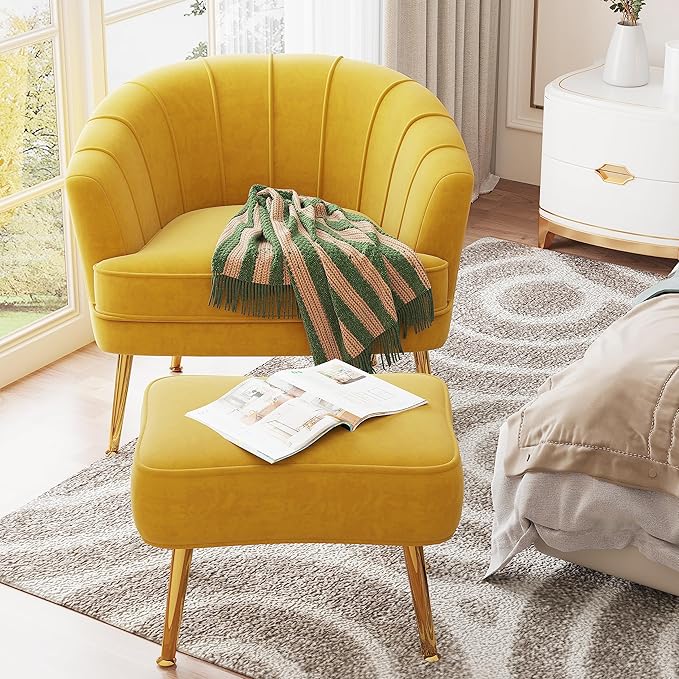 Velvet Accent Chairs with Ottoman for Living Room Bedroom Office Leisure Upholstered Single Sofa Chair Arm Chair Comfy Chair Reading Club Coffee Chair with Metal Legs Yellow