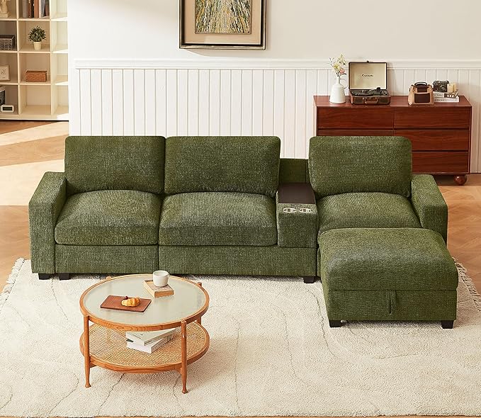 122 Sectional Couch with Console&amp Cup HoldersL Shaped Couch with Convertible Chaise4 Seat Sofa W/Storage OttomanCouches for Living Room and Apartment (Green)