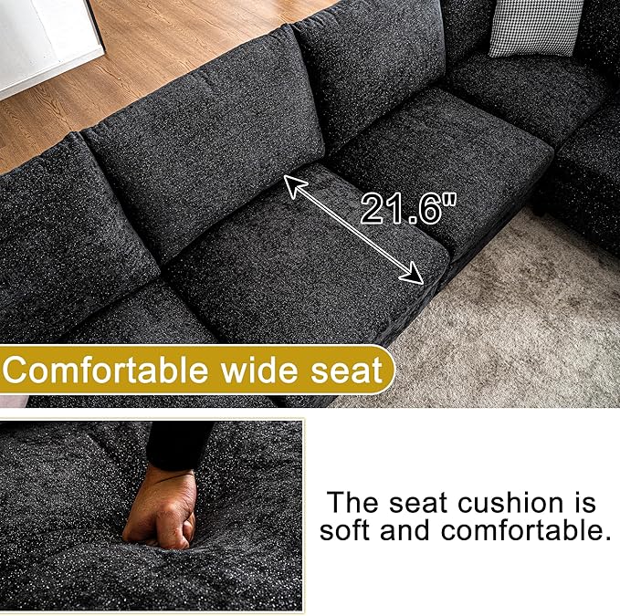 124.4 U Shaped Sectional Couches with Storage Ottoman 6 Seater Chenille Upholstered Modular Sectional Sofa Cloud Couch Sectional Sectional Couches for Living Room Bedroom &amp Apartment (Black)