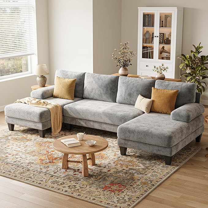 U-Shaped Sectional Couches for Living Room | Cheille Sofa with Double Chaise | 112 Inch Light Grey Sectionals Couch for Apartment