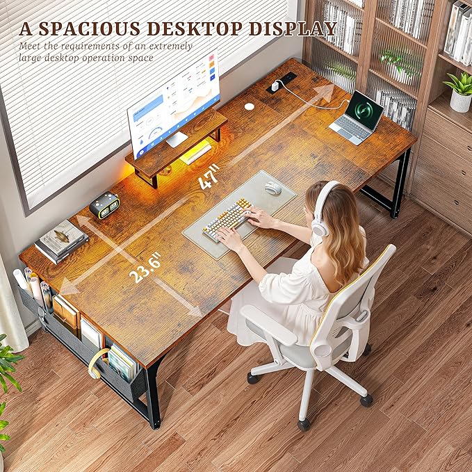 Computer Desk with 0.95 Inch Thicker Desktop &amp Monitor Stand &amp Storage Bag Office Desk with Power Outlets Gaming Desk with LED Light Writing Desk for Home Office Study Bedroom Brown