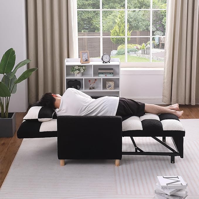 3-in-1 Convertible Chair Bed Single Sofa Bed Pull Out Sleeper with Adjustable Backrest Lounger for Living Room (Black White)