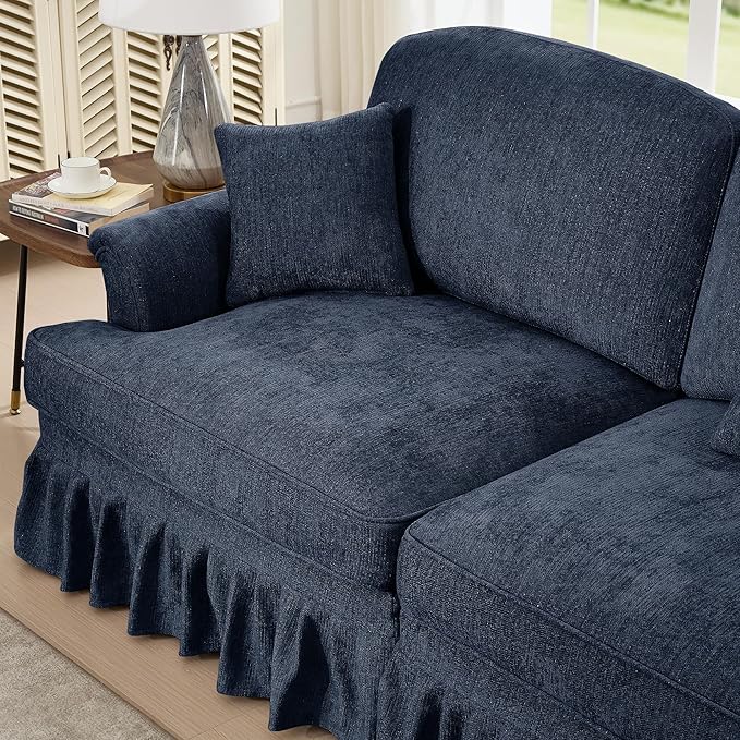 107'' Elegant Chenille Mid Century 3 Seater Sofa Comfy Oversized Sectional Cloud Couch with Flared Arms and Removable Ruffles Pleats Skirts for Living Room