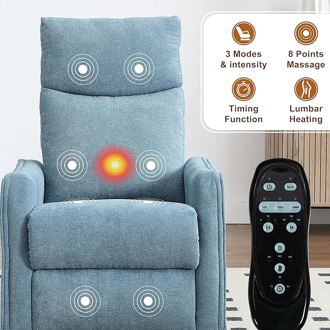 Manual 360° Swivel Rocker Recliner Chair for Adults Overstuffed Glider Chair for Nursery with Vibration Massage and Heat Comfy Soft Fabric Glider with Side Pockets for Living Room Blue