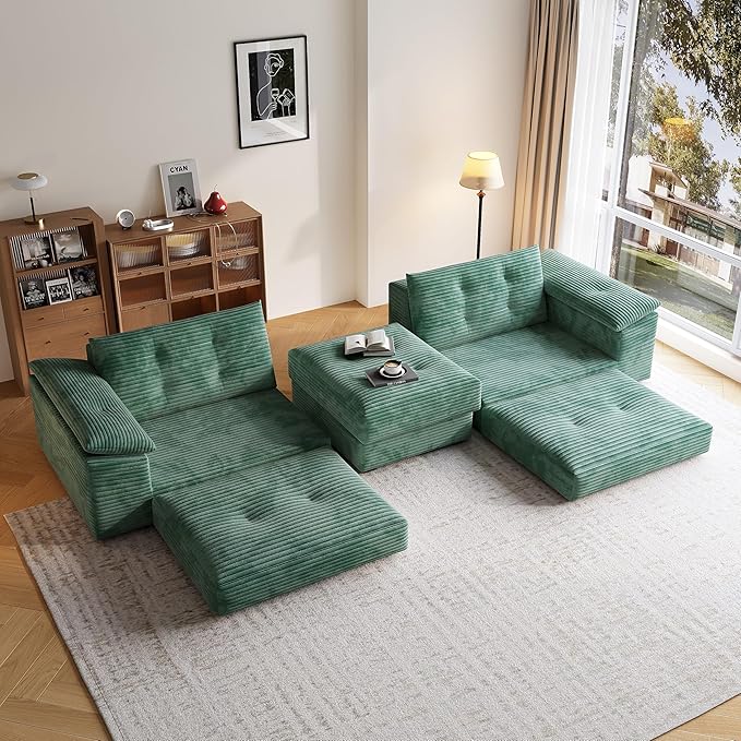 109.5 Loveseat Sofa with Ottoman Corduroy L Shape 3 Seater Couch Modular Sectional Couch for Living Room Small Spaces Apartment No Assembly Required Green