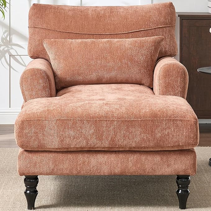 KEIKI Chaise Lounge Chair Indoor Modern Leisure Sleeper Sofa Chair w/Deep Cushion Accent Upholstered Reading Side Armchair Recliner Arm Chairs for Living Room &amp Bedroom Easy Assembly Orange