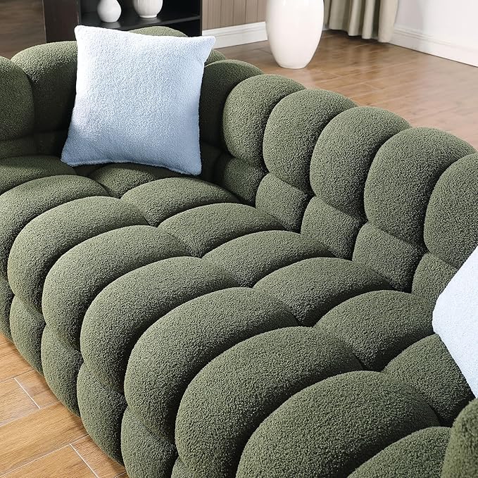 Comfy Marshmallow Loveseat Sofa3 Seater Boucle Cloud Couch with 2 Pillows Upholstered Love Seat with Throw Pillows Modern Living Sofa or Office Waiting Room (Olive Green Boucle)