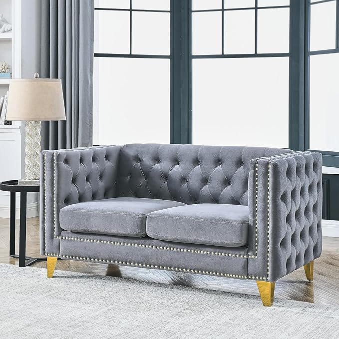 58 Loveseat Sofa with Buttons Tufted Square Arm2-Seat Velvet Upholstered Couch W/Metal Legsfor Living RoomBedroomApartmentGray