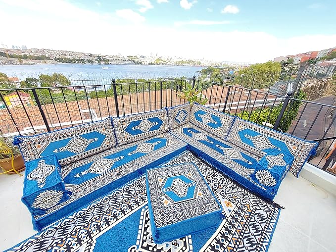 arabicsofa U Shaped Arabic Sofa Set – Royal Blue Modular Floor Seating for Guest Room